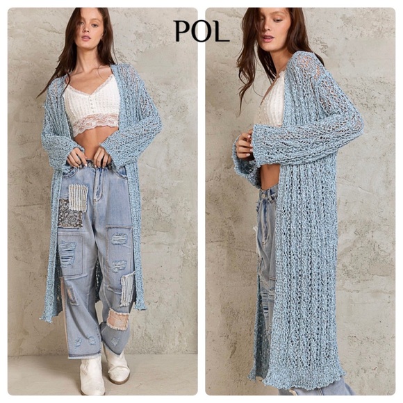 POL Sweaters - $38 start LAST ONE ❤️Pretty POL Rolling Edge detail Long Powder Blue Cardigan